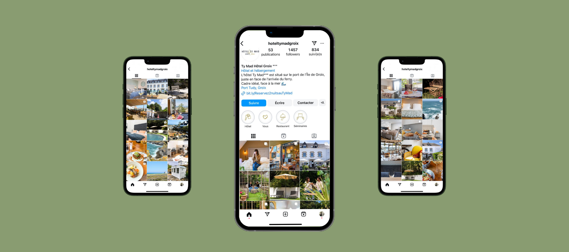 <p>smartphone avec le compte instagram de l&#8217;hôtel ty mad à groix</p>
